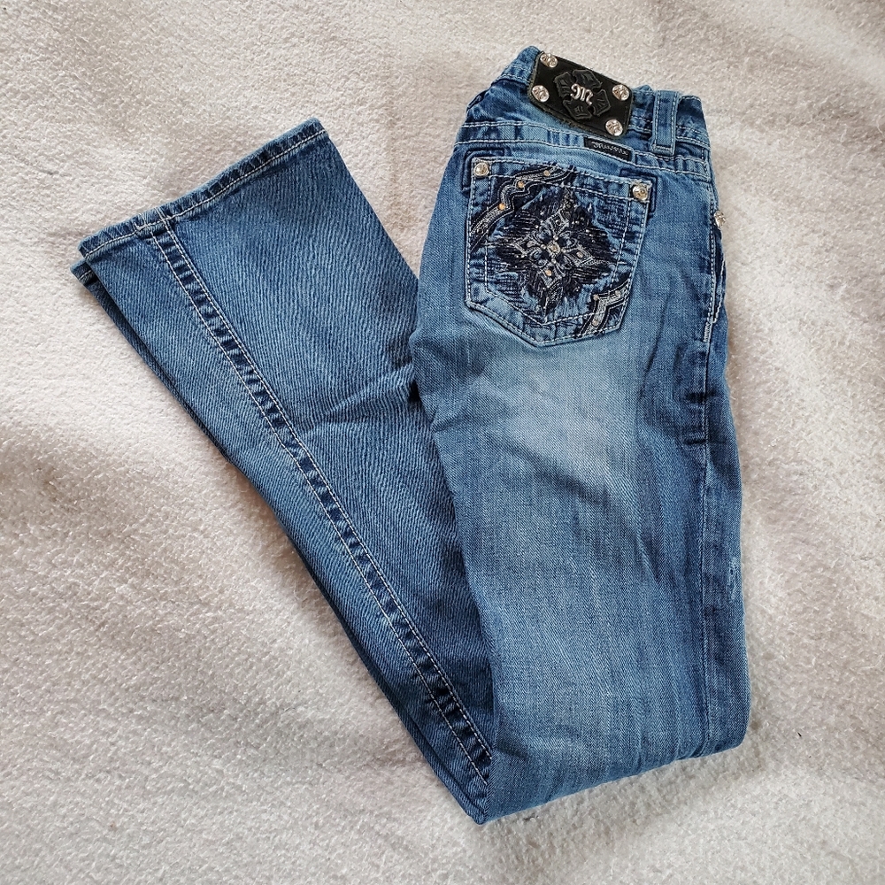 Miss Me Distressed Boot Cut Embellished Pocket Jeans, Sz 26, JP5649B